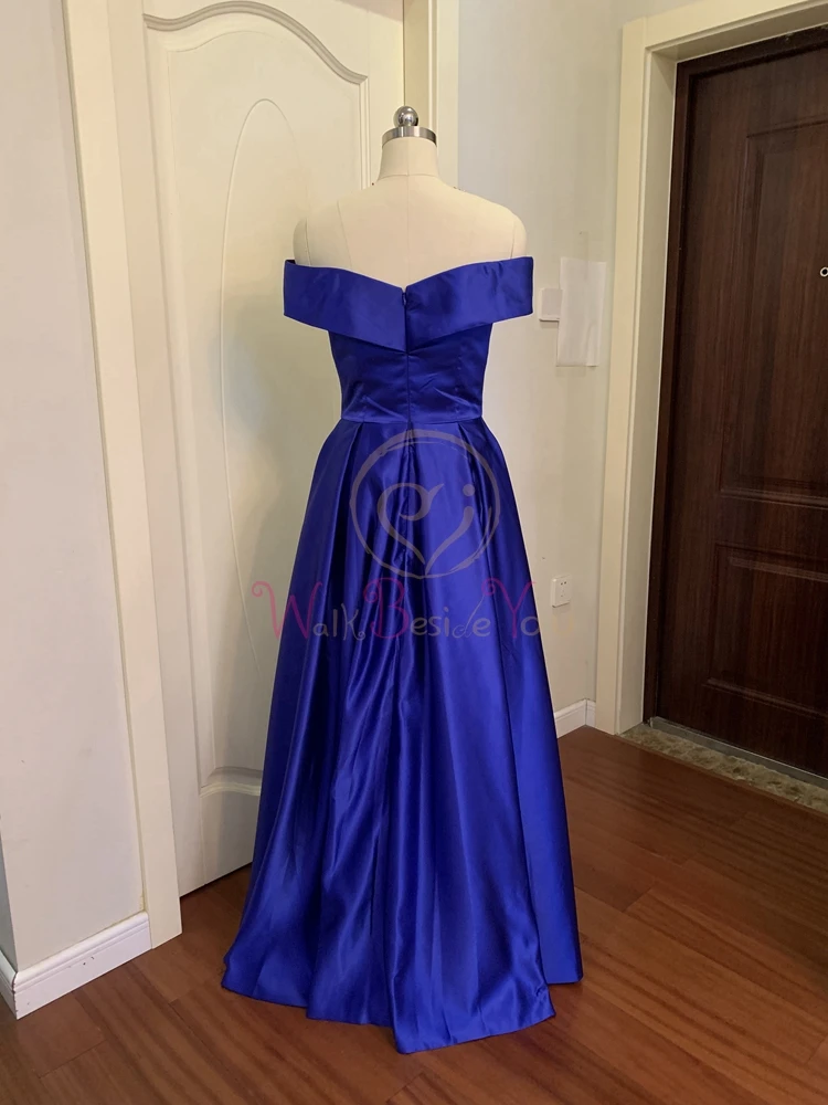 Sexy V Neck Royal Blue Evening Dresses A Line Long Satin Off Shoulder robe de soiree Floor Length Split Prom Formal Party Gowns