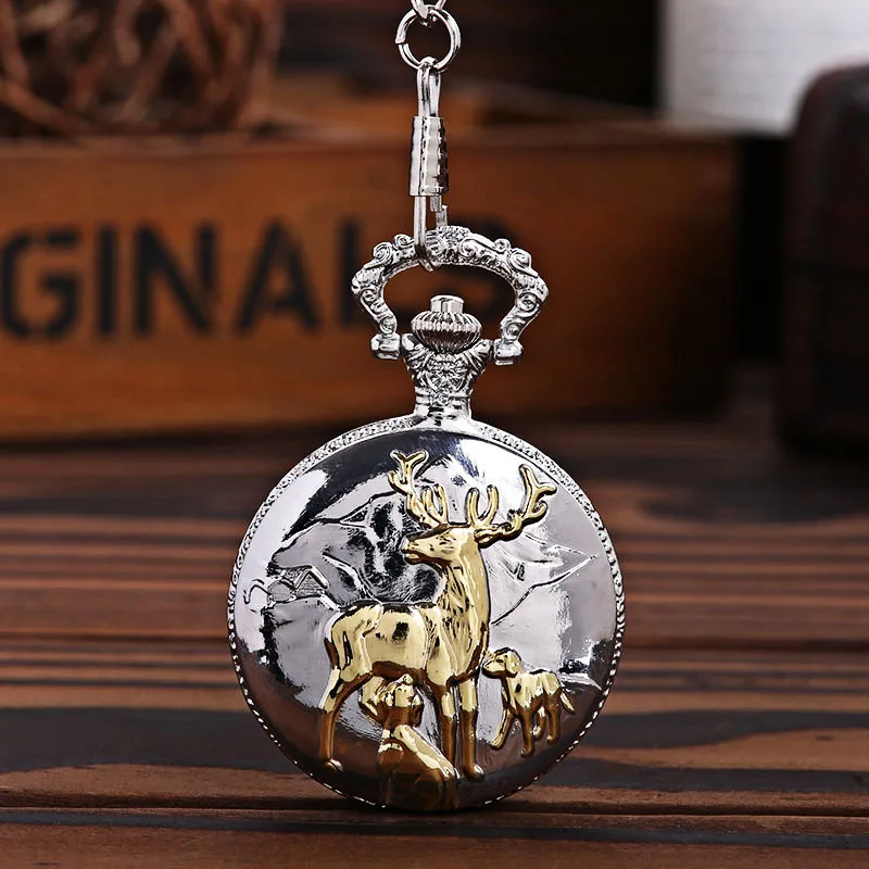 1027watchother and child pocket watch cute Vintage large thick chain relief three elk mdeer drinking milk classical pocket