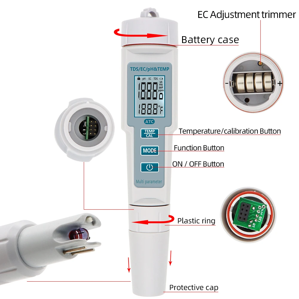4 in 1 Water Quality Meter PH TDS EC Temp Tester Waterproof PH Meter ATC Water Detector for Pools Drinking Water Aquariums