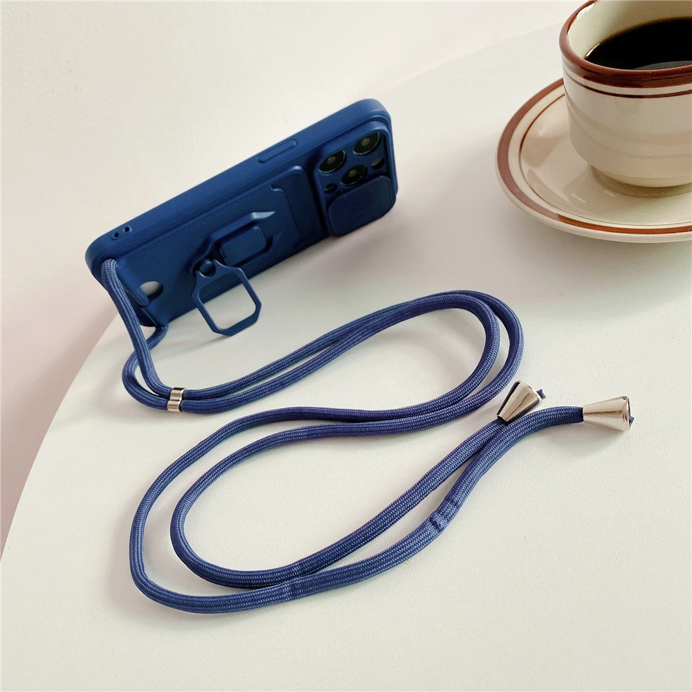 Crossbody Lanyard Silicone Ring Holder Card Wallet Case For iPhone 17 16 15 13 11 12 14 Pro Max XS XR 8 Plus Slide Camera Cover