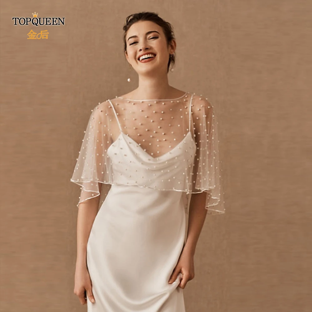 

TOPQUEEN G27 Bolero Women Jacket Cape Pearls Beaded Piping Round Neck Sleeveless Cape Bridal Shawl Jacket for Party Dress DIY