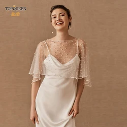 TOPQUEEN G27 Bolero kadınlar ceket pelerin inciler boncuklu boru yuvarlak boyun kolsuz pelerin gelin şal ceket parti elbise DIY için