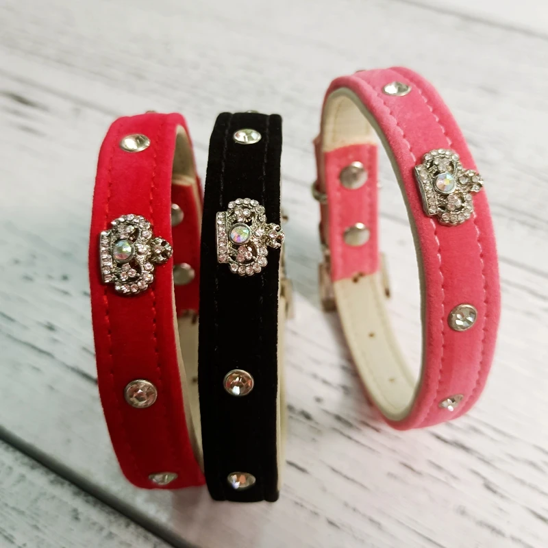 Rhinestone Crown Flocking Pet Cat Collar Four Seasons Little Small Puppy Animal Dog Neck Accessory Pink Black Red Stock On Sale