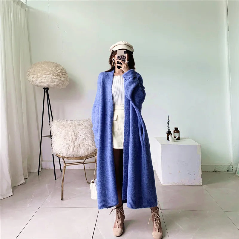 [ZAYAU]Autumn and Winter Relaxed Lazy Wind Long over Knee Thick Line Alpaca Cashmere Knitted Cardigan Thickened Large Size Coat