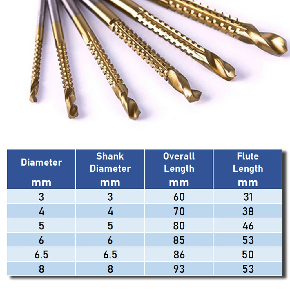 6 pz/set 3mm 4mm 5mm 6mm 6.5mm 8mm HSS Ti titanio rivestito passo punta da trapano lavorazione del legno metallo foro taglio sega strumento coclea noiosa