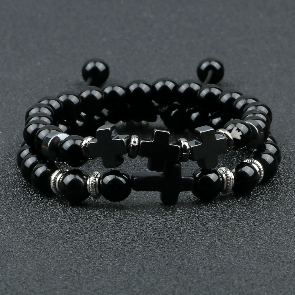 Męska bransoletka z krzyżem hematytowym 8mm Urok Naturalny czarny onyks Kamienne koraliki Bransoletka Kobiety Joga Paryer Biżuteria Prezenty pulsera hombre