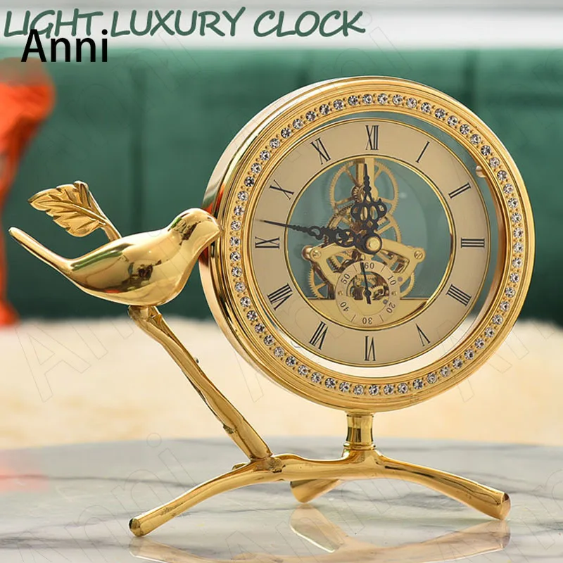 

American Pure Copper Clock for Table Creativity Gilded Bird Decorative Clocks Office Desktop Ornaments Living Room Decoration