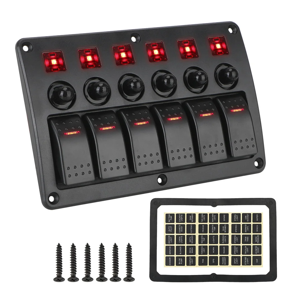 

Car Switch Panel 12~24V Circuit Control Interior Parts Waterproof with Sticker Marine Rocker Switch Panel LED Light 6 Gang