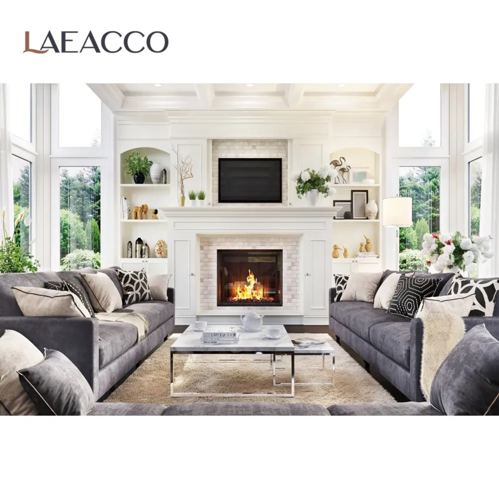 Laeacco Photo Background Modern Style Gray Fireplace Sofa Living Room Carpet Interior Photography Backdrop For Photo Studio