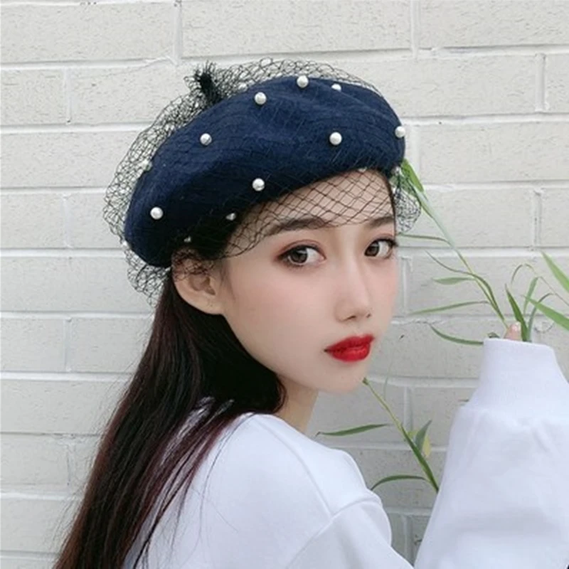 Beret hat women pearl net yarn painter hat autumn British retro newsboy hat all-match casual beanie cap