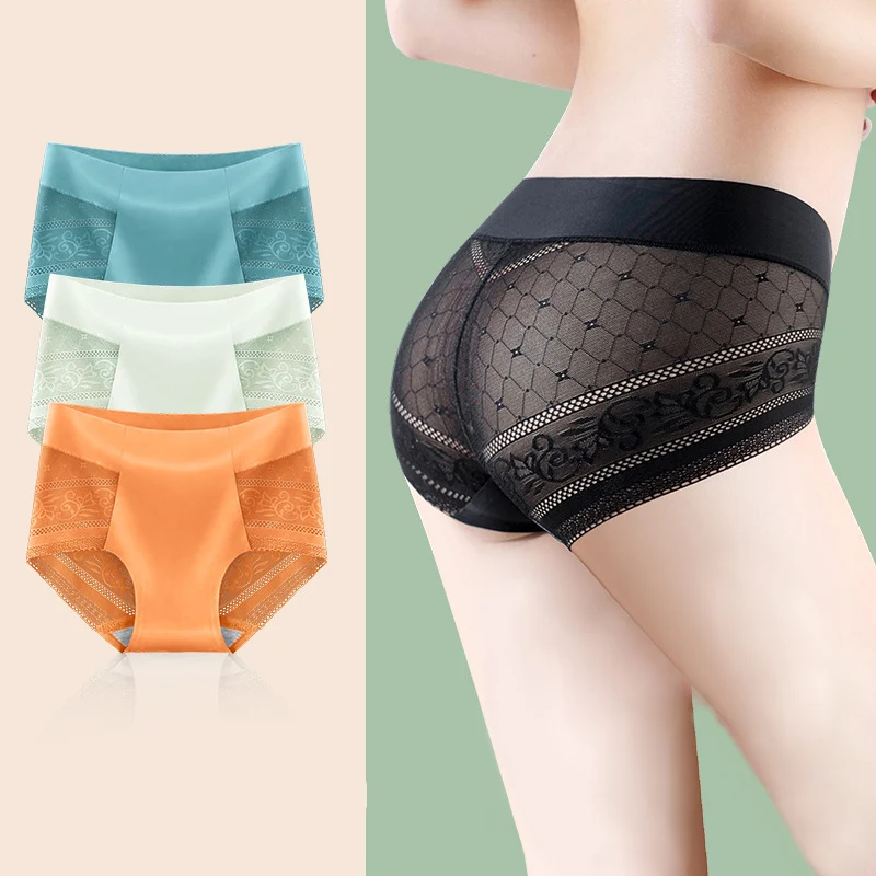 Women Summer Ice Silk Sexy Lace Hollow Transparent Breathable Panties Middle Waist High Elasticity Thin Soft Underwear Breifs