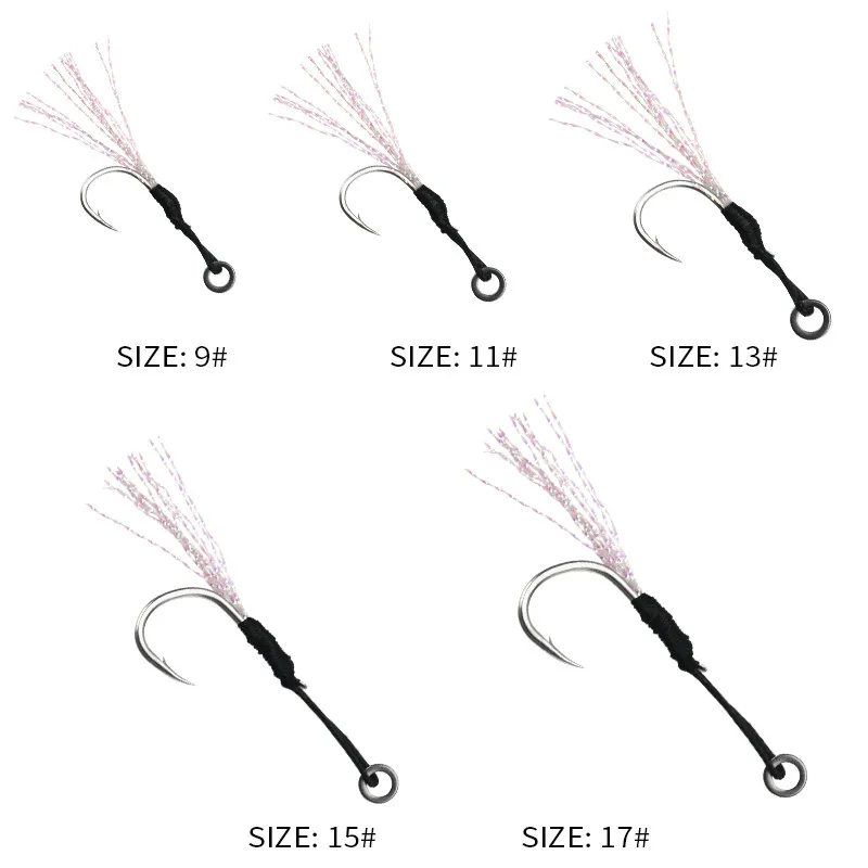 ALLBLUE 6pcs/lot Metal Jig Assist Hook With PE Line Feather Solid Ring Jigging Spoon Saltwater Fishhook for 10-60g Lure