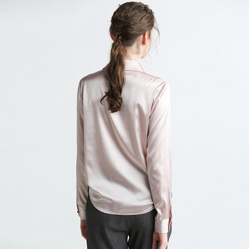 Chemisier à manches longues en Satin de soie véritable pour femmes, chemise de bureau rose, hauts pour dames, mode printemps automne 2020