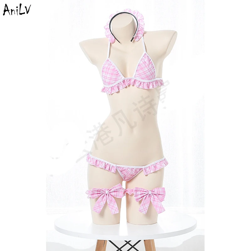 AniLV Pool Party Girl Lolita Plaid Bikini Swimsuit Set Underwear Costume Anime Maid Swimwear Uniform Lingerie Cosplay Clothes