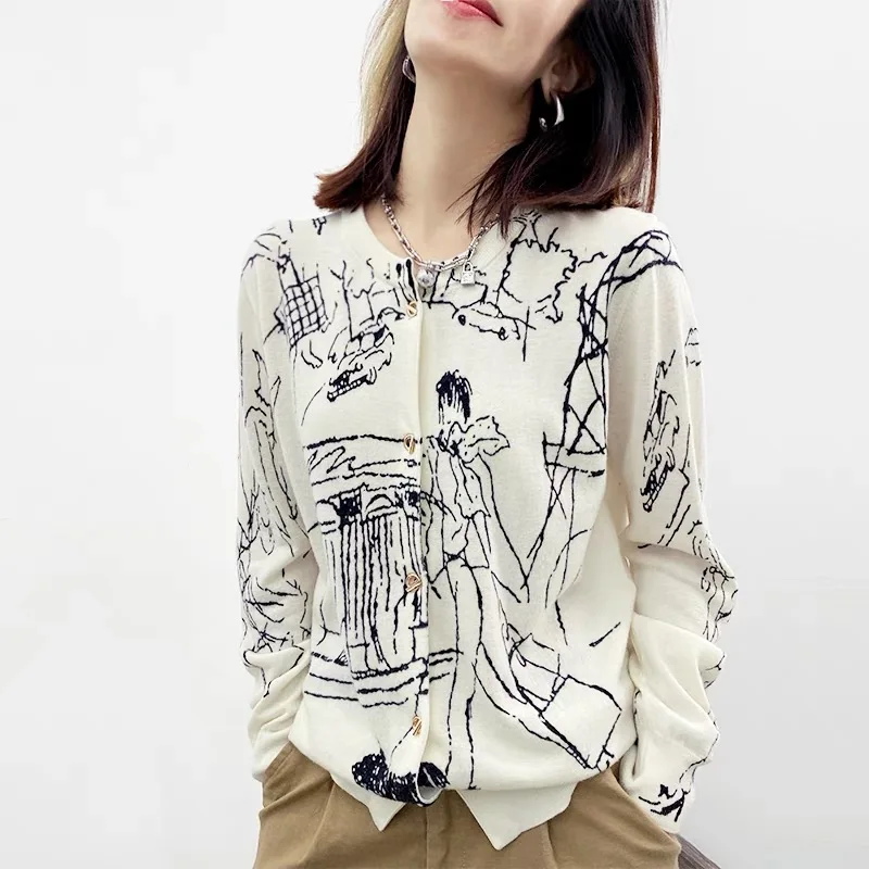 Women Graffiti style Cashmere Cardigan New Arrival O-Neck Elasticity Sweater Female Warm Soft Loose Wool Cardigan Femme