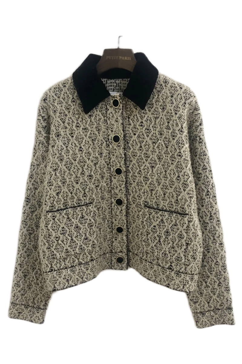 2020 autumn and winter women\'s pocket jacket V-neck elegant tweed lapel single-breasted knitted jacket women clothing 2020