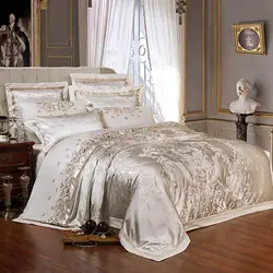 White Jacquard Embroidered Bedding Sets Luxury Satin Cotton Duvet Cover Bed Sheet Pillowcases King Queen Size Bedclothes Set