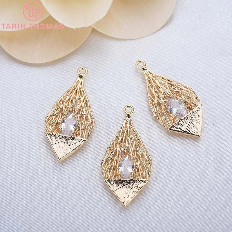 (581)4PCS 14x28MM 24K Gold Color Plated Brass with Zircon Drop Charms Pendants High Quality Diy Jewelry Accessories