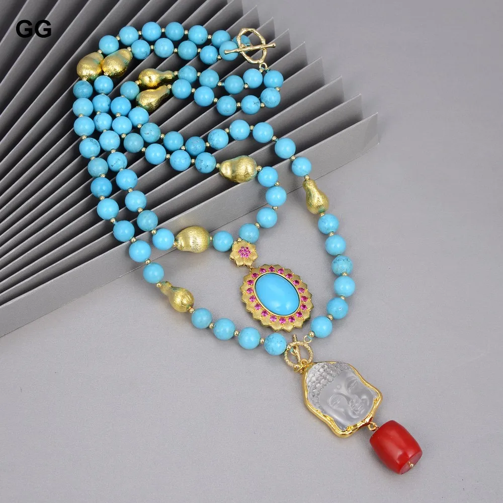 

GuaiGuai Jewelry 2 Strands Blue Turquoises Necklace Keshi Pearl Clear Quartzs Buddha Head Pendant Necklace 20" Religious Style