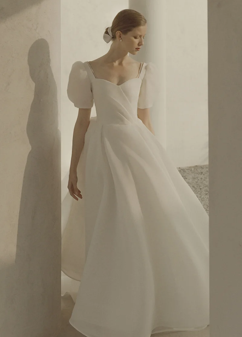 2022 Korea Style Sweetheart Puffy Sleeve Organza A-Line Backless Simple Lace-Up Wedding Dress Bride Gown Vestidos De Novia