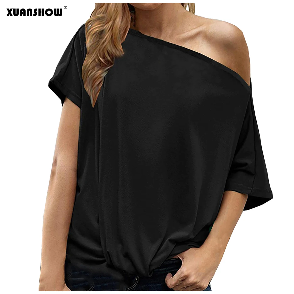 XUANSHOW letnia koszulka moda jednokolorowa Off-Shoulder nieregularne marszczenie kobiety luźna koszulka z krótkim rękawem Casual Top Roupas Femininas