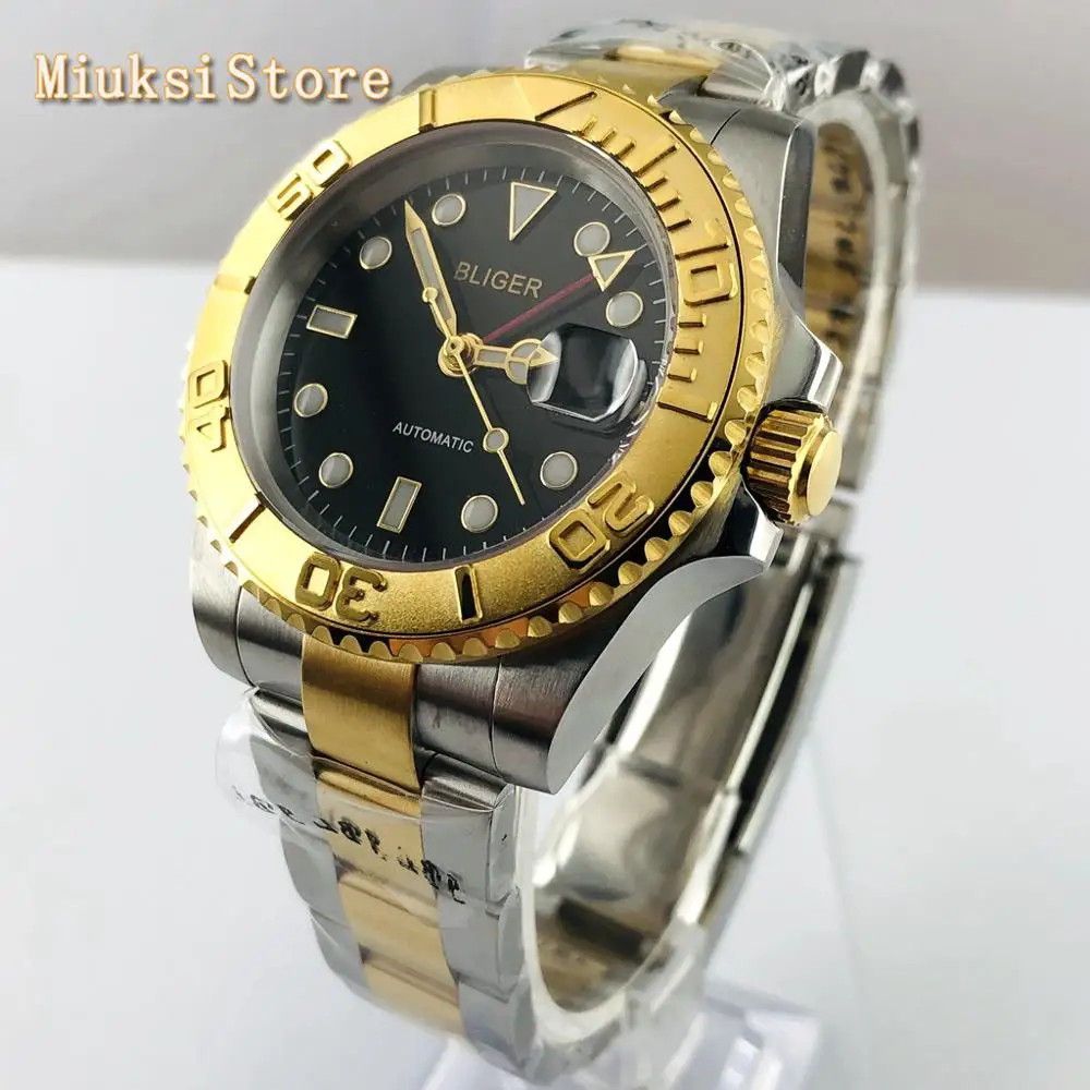 

Bliger 40mm mens top luxury business watches sapphire glass stainless steel bezel date window GMT luminous automatic mens watch