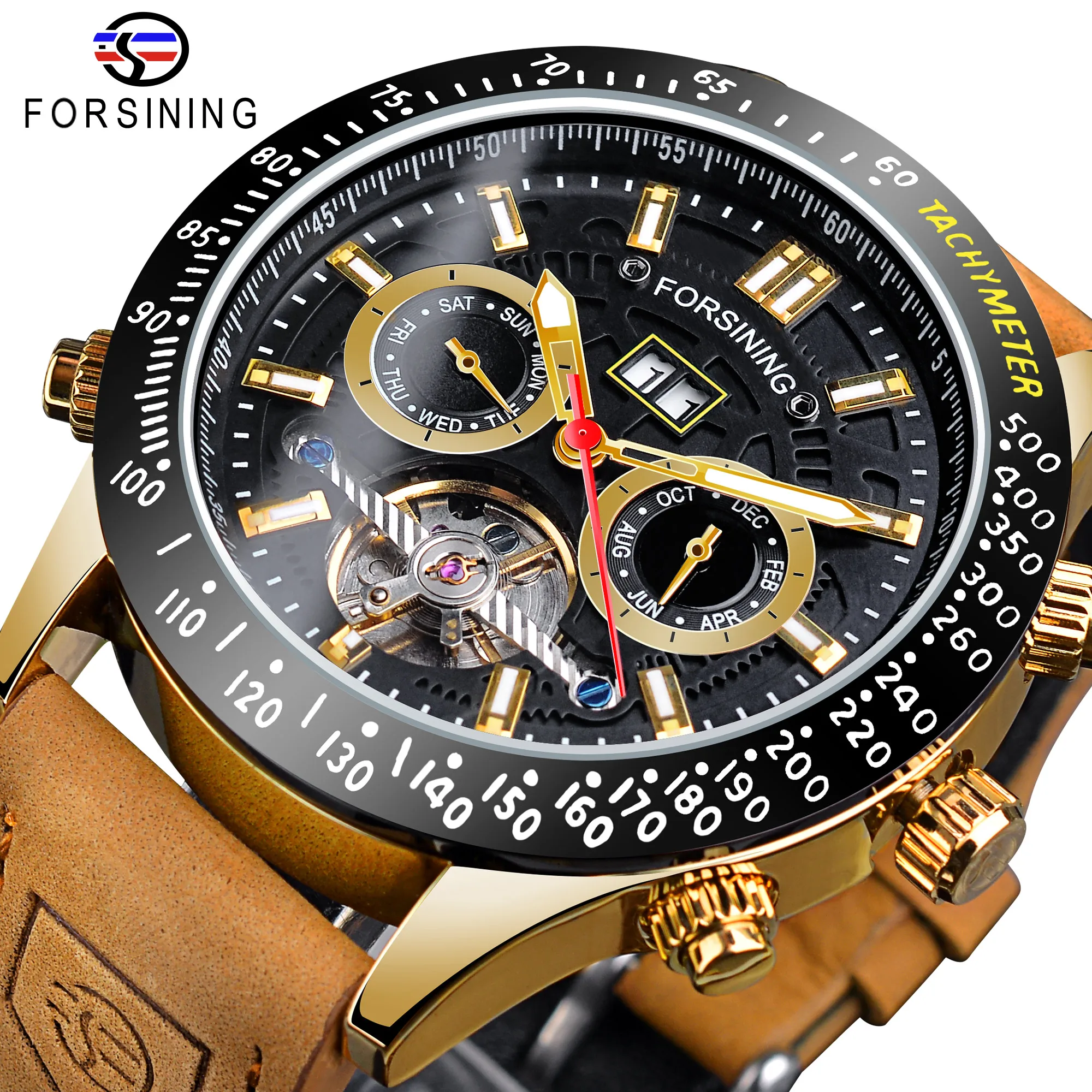 Forsining Chronograph Automatic Men Military Watch Hollow Mechanical Wristwatch 3bar Genuine Leather Mens Tourbillon Watches