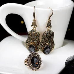 Sunspicems 2020 Vintage Turkish Earring Ring for Women Antique Gold Color Bohemia Grey Crystal Jewelry Set Indian Bridal Gift