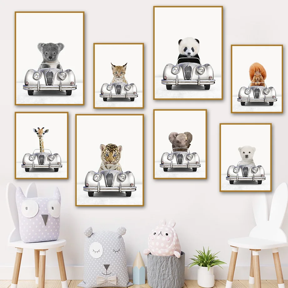 لطيف الحيوان الزرافة الفيل كوالا الباندا محرك سيارة الرسم على لوحات القماش الجدارية الحضانة المشارك الشمال طباعة للأطفال ديكور المنزل #2