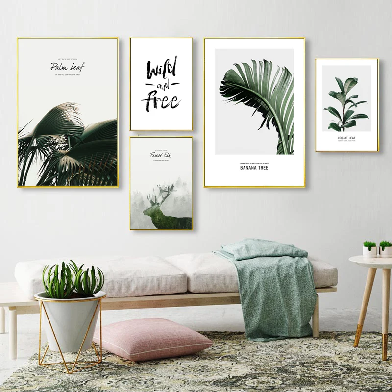 

Nordic Plants Palm Leaves Art Posters Moose Canvas Painting and Prints Quotes Wall Pictures for Interior Living Room Home Decor