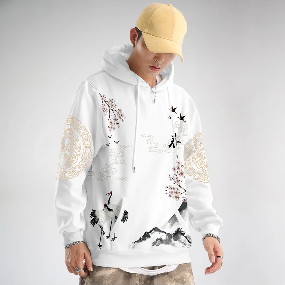 Men Chinese Style White Print Hoodies Sweatshirt Tops Fashion Men's Hoodies Spring Autumn Male Casual Hoodies Sweatshirts