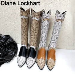 2023 Hot Women Snake Print Western Cowgirl Boots femminile PU Leather Patchwork Cowboy stivaletto donna tacco alto lungo Bota 38 41