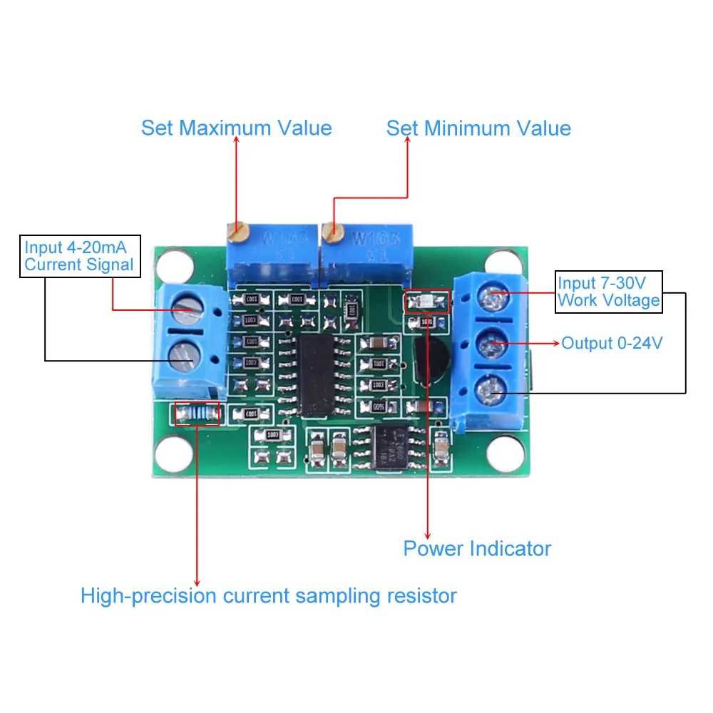 4-20mA to 0-24V 0-15V 0-10V 0-5V Current to Voltage Converter Signal Conversion Module I/V Transmitter Power Supply Board