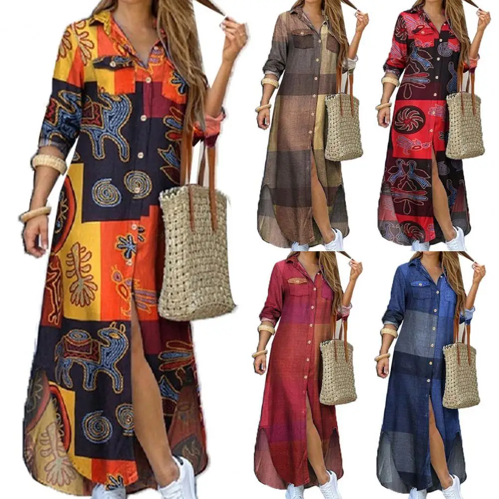 

Fashion New Women Dress Single-breasted Long Sleeve Printed Loose Maxi Shirt Dress for Office