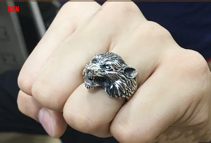 

Real 925 sterling silver jewelry vintage Thai silver personality male and female open ring domineering wolf head ring