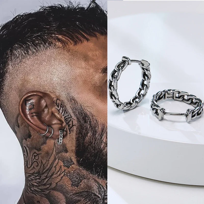 Earring Mens, Cuban Link Hoops Earring for Men, Stainless Steel Miami Chain Huggie Earrings