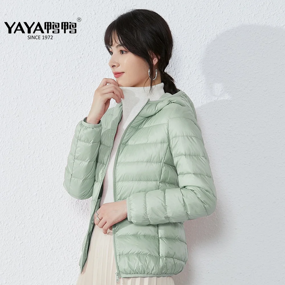 YAYA 2023 Spring New High Quality Women\'s Duck Down Jacket Lightweight Thin Short Hooded Warm Solid Color Outerwear