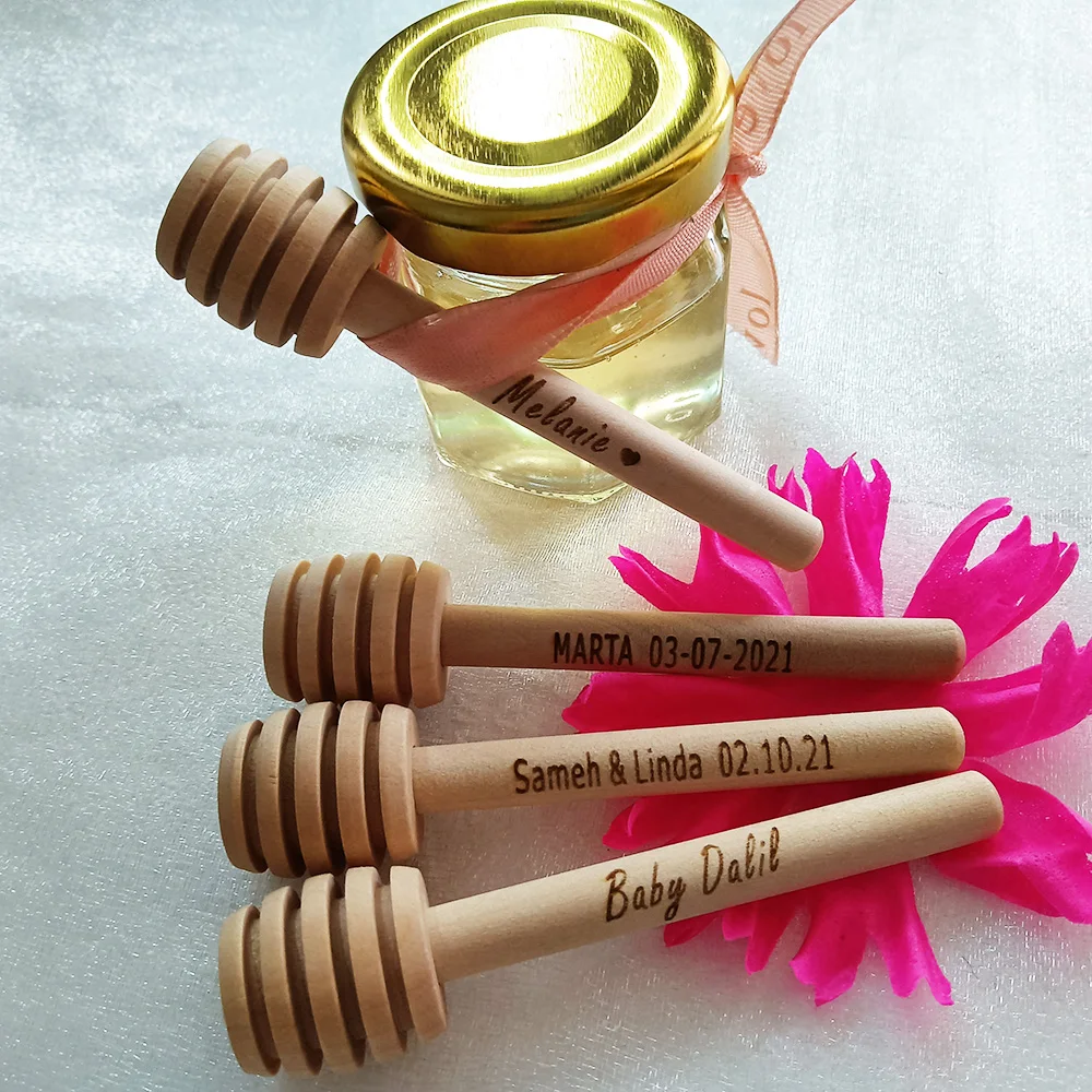 Personalized Wood Honey Dipper Sticks, Hexagonal Shape, Mini Glass Jars, Custom Wedding Favors, Baby Shower Decorations