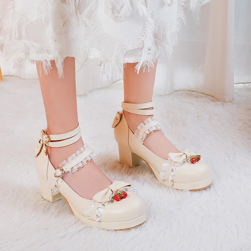 Women Cute Lolita Cosplay Shoes Bow Mid Chunky Heel Heart Strap Platform Mary Jane Pumps Kawaii Sweet School Girl Strawberry