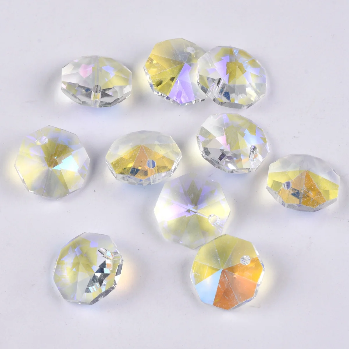 10pcs 14mm Octagon Clear Colorized Prism Faceted Crystal Glass Single Hole Pendant Loose Beads for Jewelry Making DIY Earrings