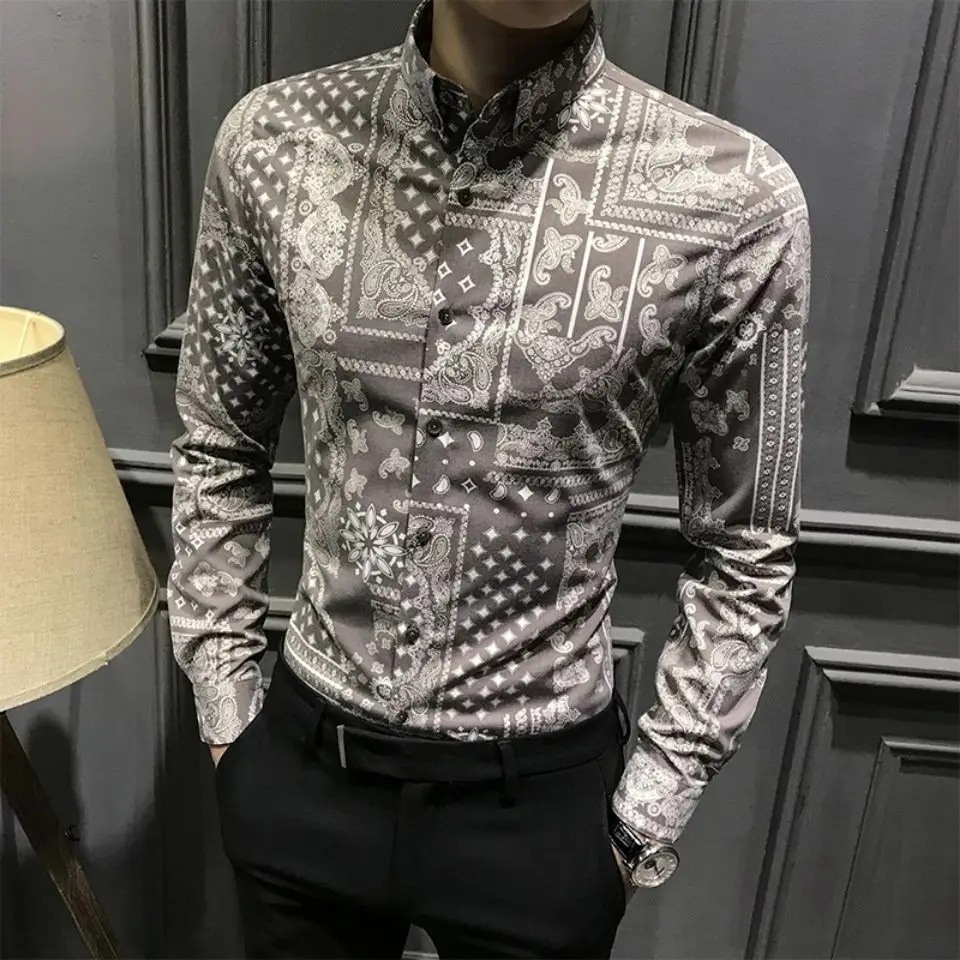 2024 autumn new men\'s handsome floral shirt Korean fashion personality long sleeve printed shirt casual slim jacket