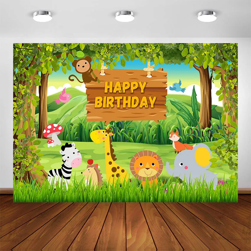 Fondos de decoración de fiesta de animales de Safari en la jungla, bosque salvaje, cartel de feliz cumpleaños, telón de fondo personalizado para fotomatón