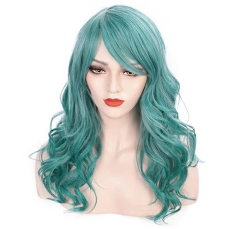 

MSIWIGS 24inch Long Blue Green Curly Synthetic Wigs with Side Bangs Heat Resistant Cosplay Wig for Women