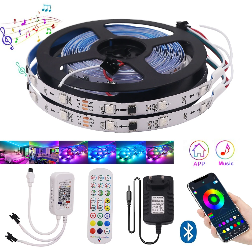 

WS2811 Bluetooth RGB LED Strip DC 12V Led Light Individually Addressable Flexible Smart Lighting Ribbon Tape Controller Adapter