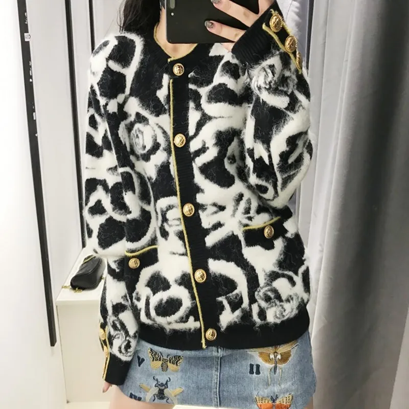 Frauen Stricken Strickjacke Jacke Elegante Warme Langarm Pullover Herbst Winter Streetwear Blume Einreiher Lose Pullover