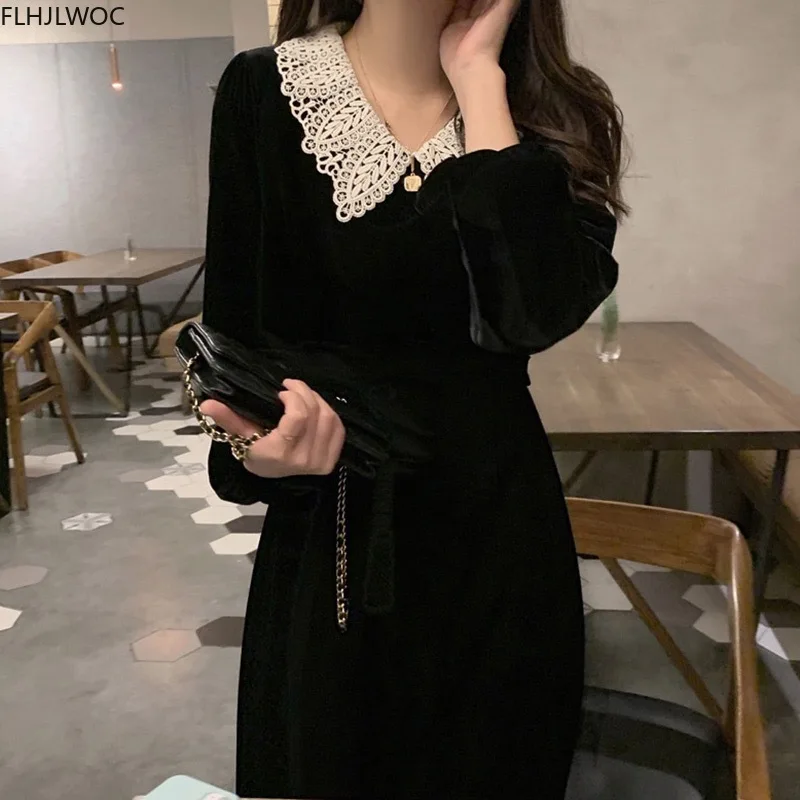 Hot Sales New Design Womens Winter Fashion Frence Style Elegant Office Lady Holow Out Lace Vintage Velvet Black Dress O1717