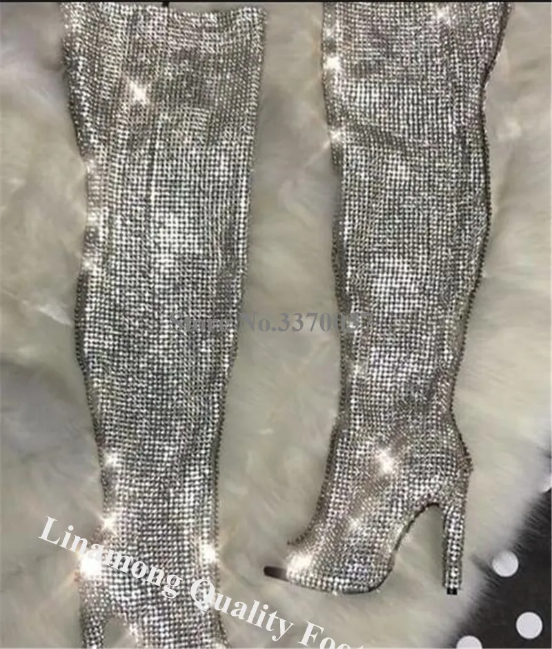 Linpośród Bling Bling Peep Toe Sliver szpilki z kryształem górskim obcas buty za kolano lśniący powrót Zipper-up kryształ długi wysoki obcas Boot