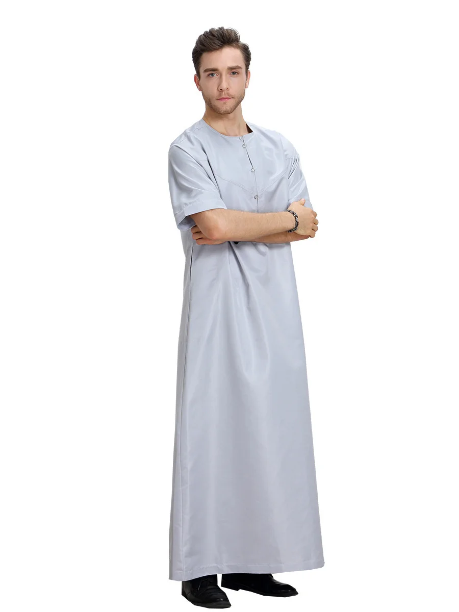 Summer Muslim Moroccan Short Sleeve Islamic Men\'s Round Collar Solid Color Robe Arabic Kaftan Saudi Dubai Clothing Worship Abaya