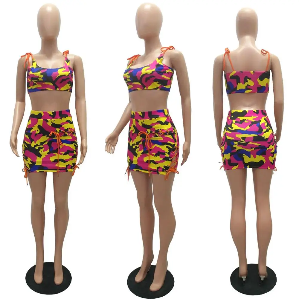 BKLD Sexy Club Outfits 2024 New Fashion Camouflage Printed Bandage Sleeveless Crop Top And Bodycon Skirts Two Piece Set Women