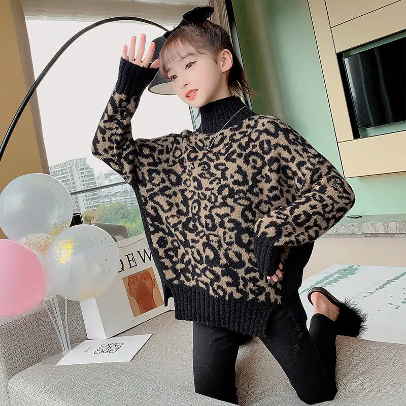 Baby Girls Leopard Print Turtleneck Sweater New Autumn Winter Korean Style Loose Kintwear Clothes Top for Kids 6 8 10 12 13Years